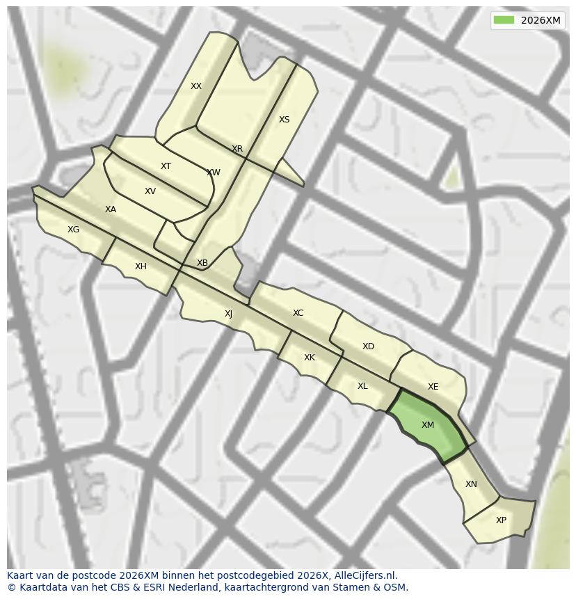Afbeelding van het postcodegebied 2026 XM op de kaart.