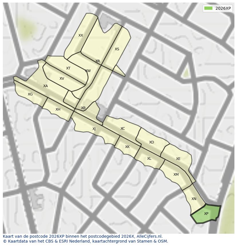 Afbeelding van het postcodegebied 2026 XP op de kaart.