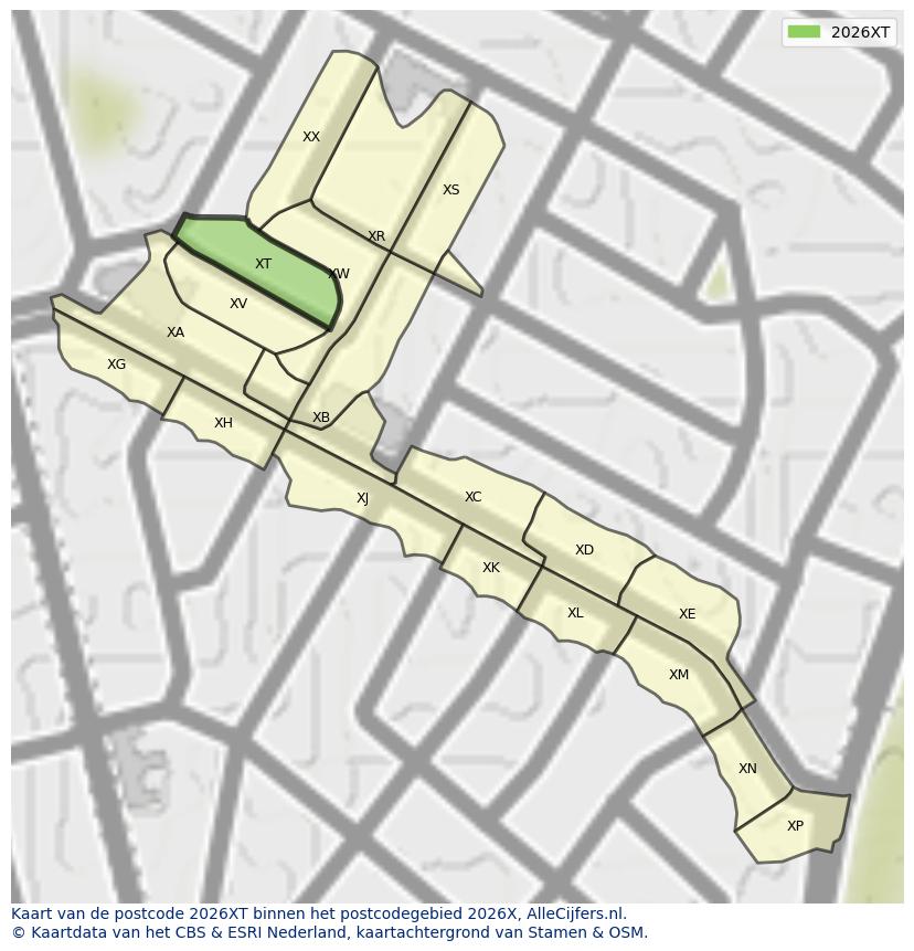 Afbeelding van het postcodegebied 2026 XT op de kaart.