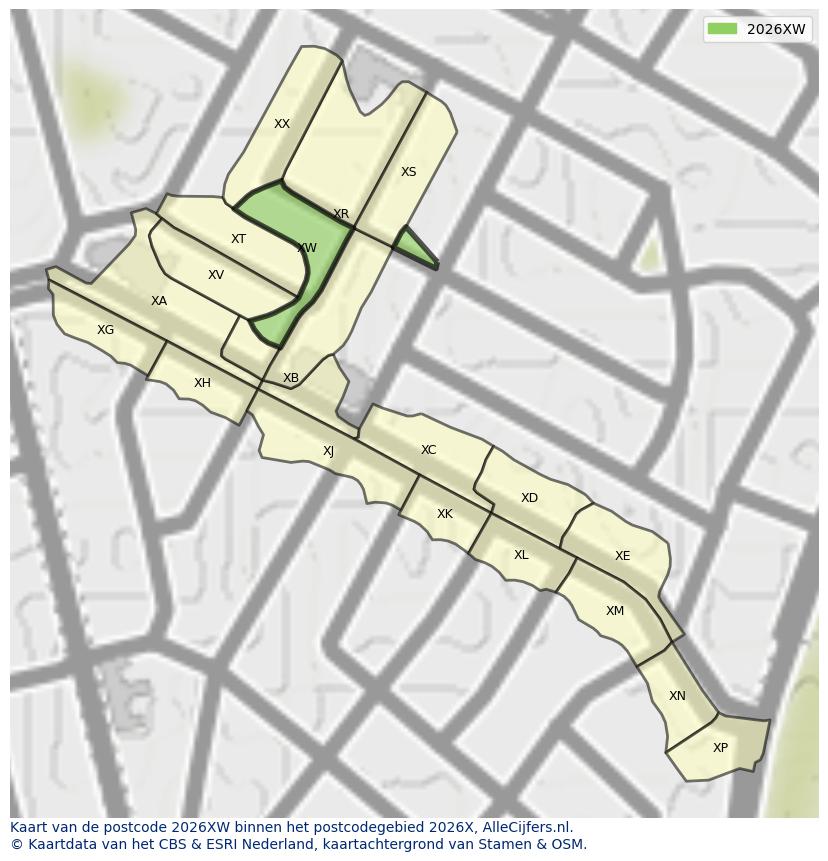 Afbeelding van het postcodegebied 2026 XW op de kaart.