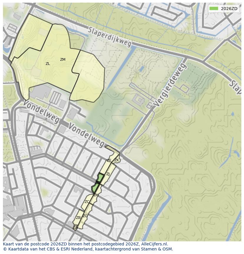 Afbeelding van het postcodegebied 2026 ZD op de kaart.