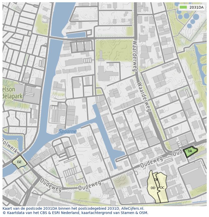 Afbeelding van het postcodegebied 2031 DA op de kaart.