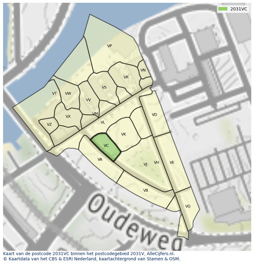 Afbeelding van het postcodegebied 2031 VC op de kaart.