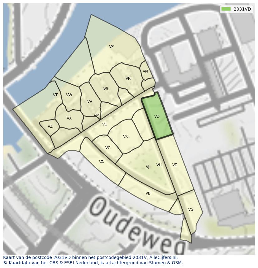 Afbeelding van het postcodegebied 2031 VD op de kaart.