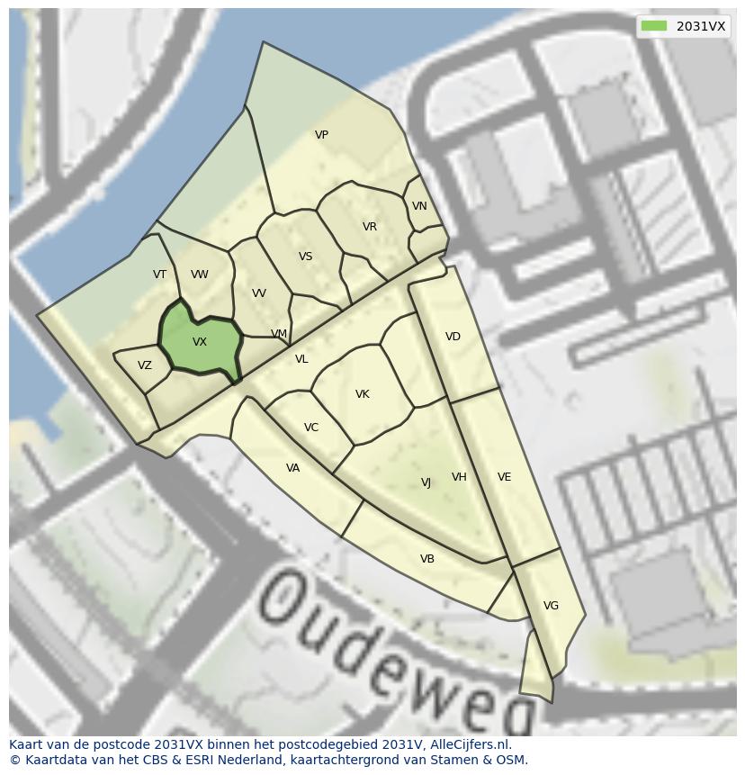Afbeelding van het postcodegebied 2031 VX op de kaart.