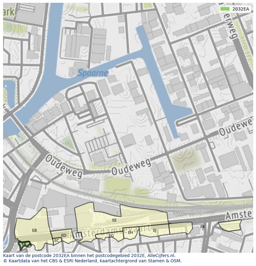 Afbeelding van het postcodegebied 2032 EA op de kaart.
