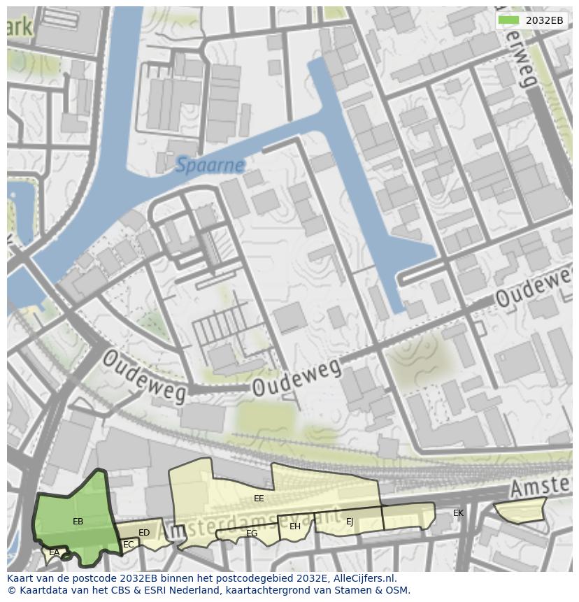 Afbeelding van het postcodegebied 2032 EB op de kaart.