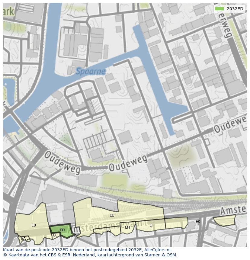 Afbeelding van het postcodegebied 2032 ED op de kaart.