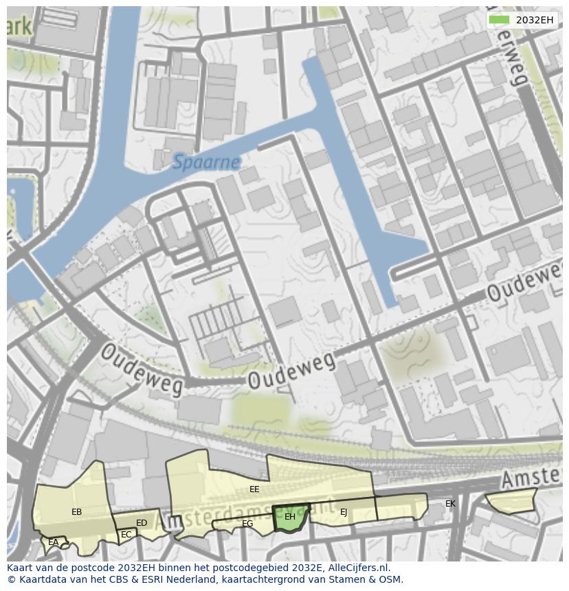 Afbeelding van het postcodegebied 2032 EH op de kaart.