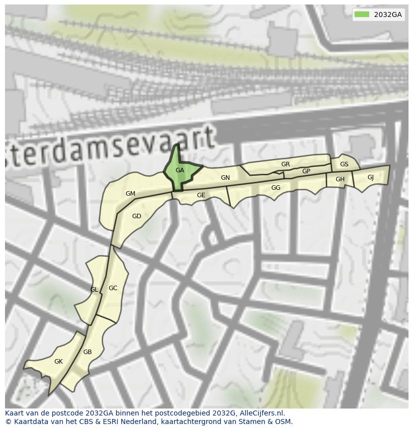 Afbeelding van het postcodegebied 2032 GA op de kaart.
