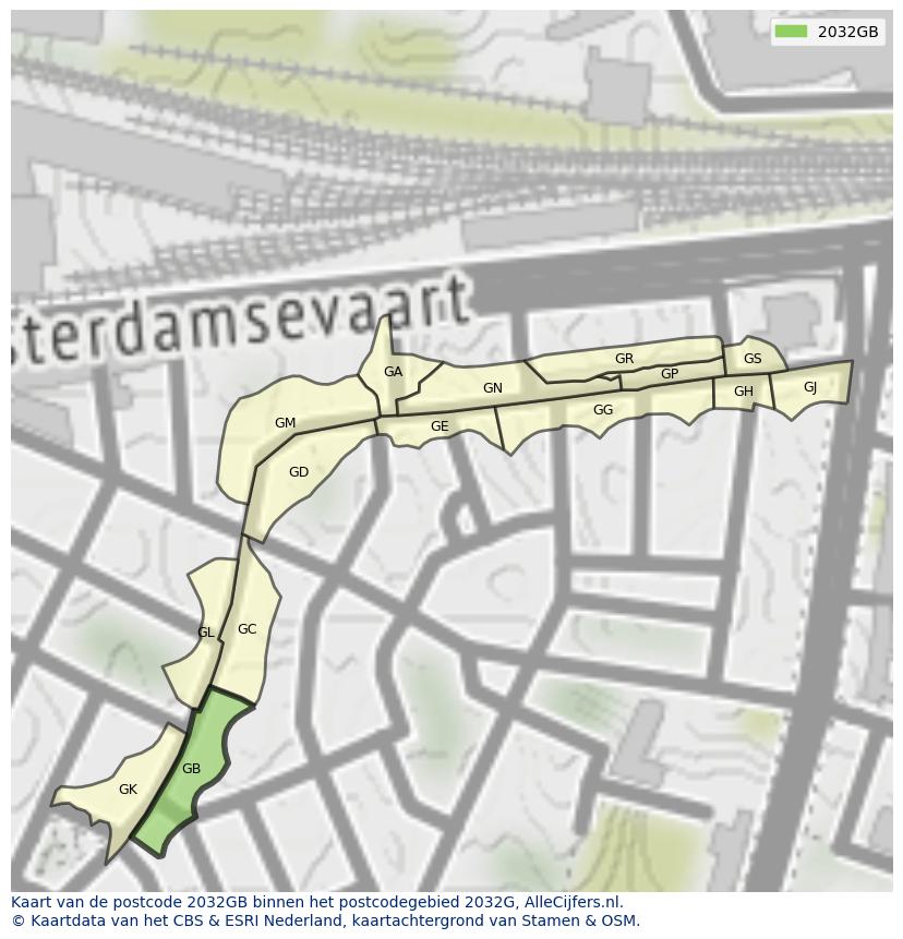 Afbeelding van het postcodegebied 2032 GB op de kaart.