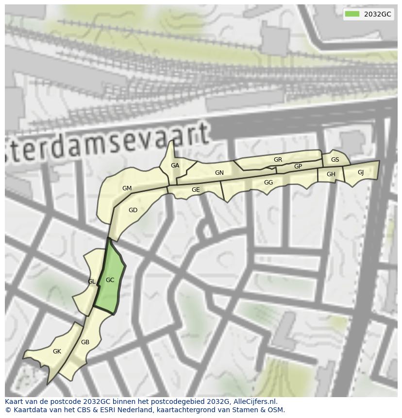 Afbeelding van het postcodegebied 2032 GC op de kaart.