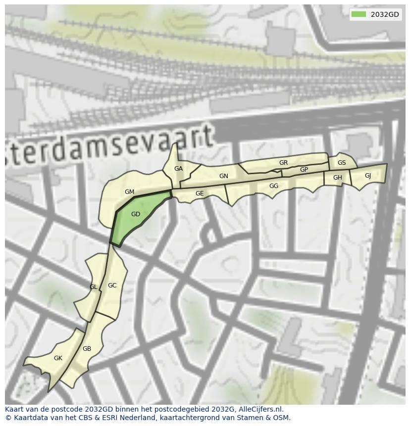 Afbeelding van het postcodegebied 2032 GD op de kaart.