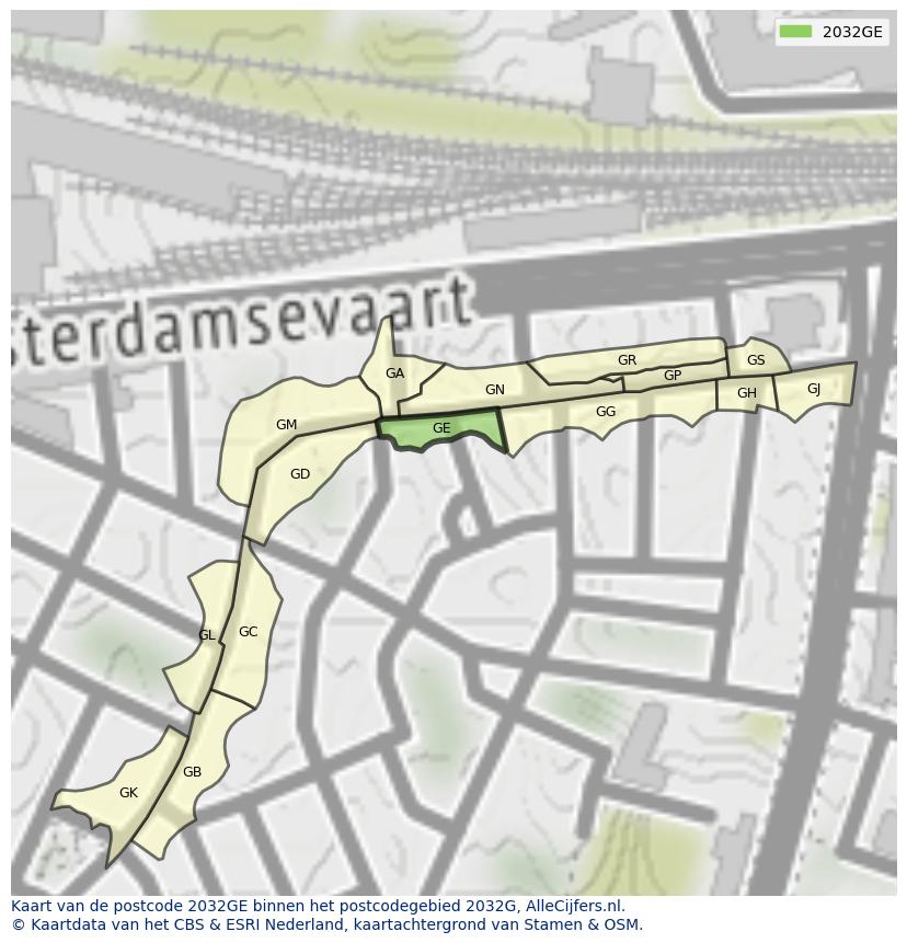 Afbeelding van het postcodegebied 2032 GE op de kaart.
