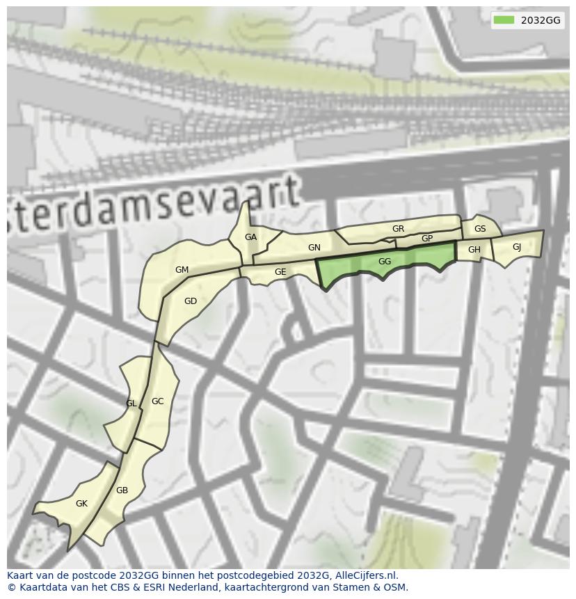Afbeelding van het postcodegebied 2032 GG op de kaart.