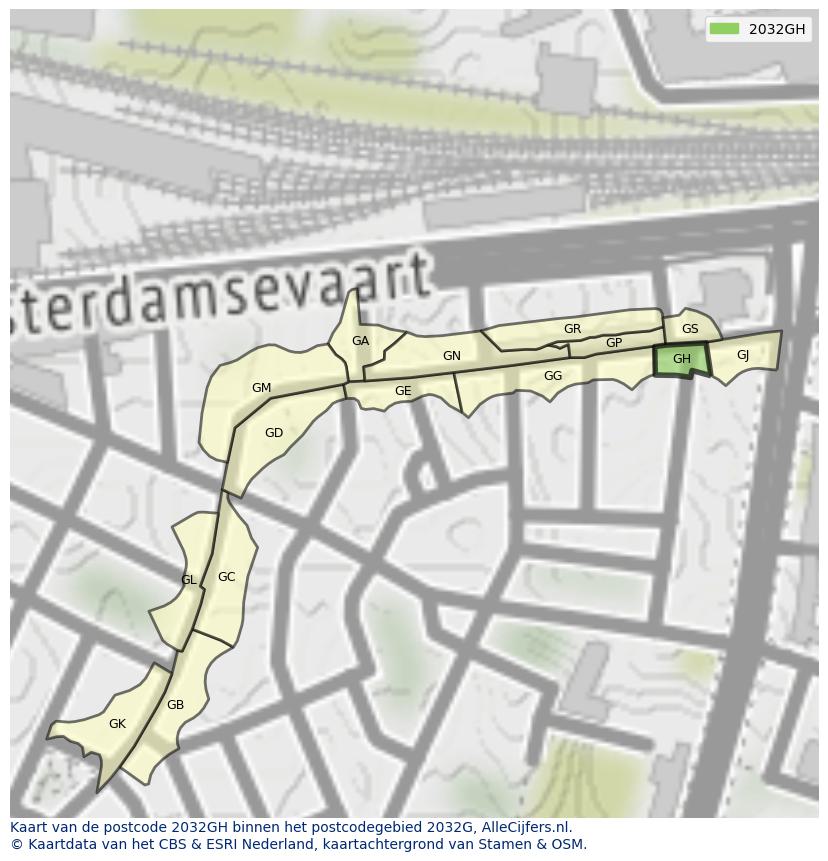 Afbeelding van het postcodegebied 2032 GH op de kaart.