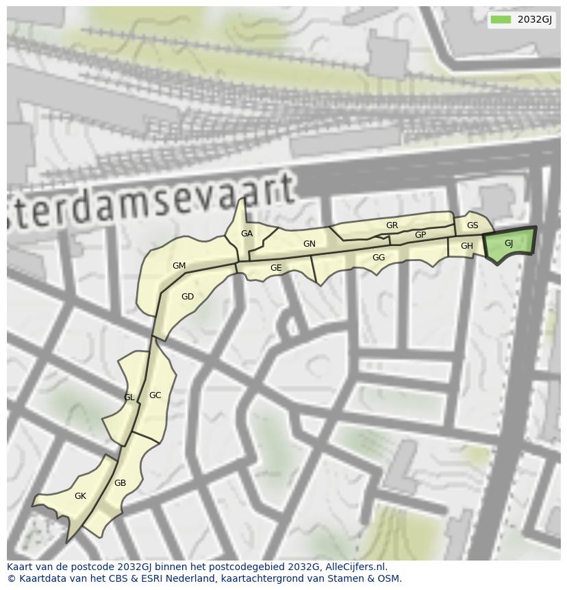 Afbeelding van het postcodegebied 2032 GJ op de kaart.
