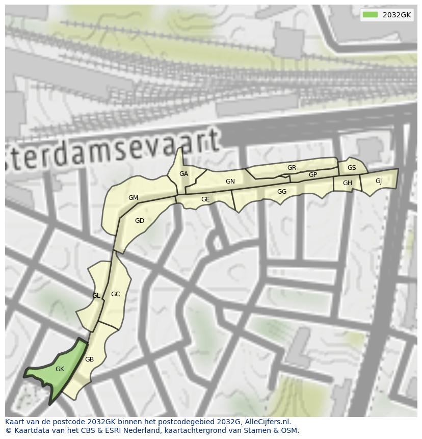 Afbeelding van het postcodegebied 2032 GK op de kaart.