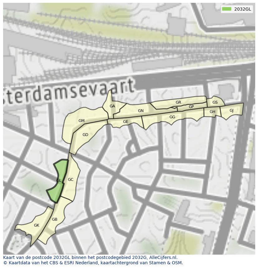 Afbeelding van het postcodegebied 2032 GL op de kaart.