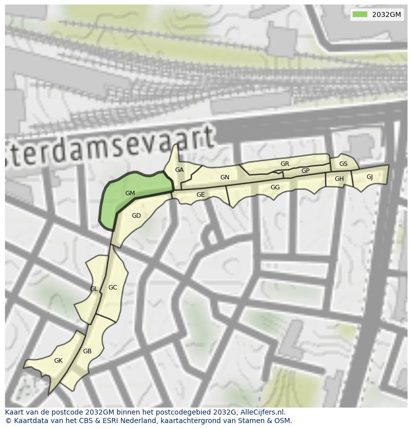 Afbeelding van het postcodegebied 2032 GM op de kaart.