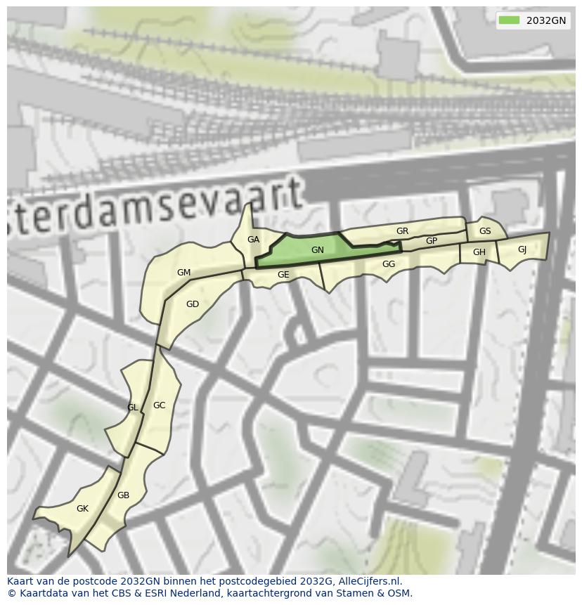 Afbeelding van het postcodegebied 2032 GN op de kaart.
