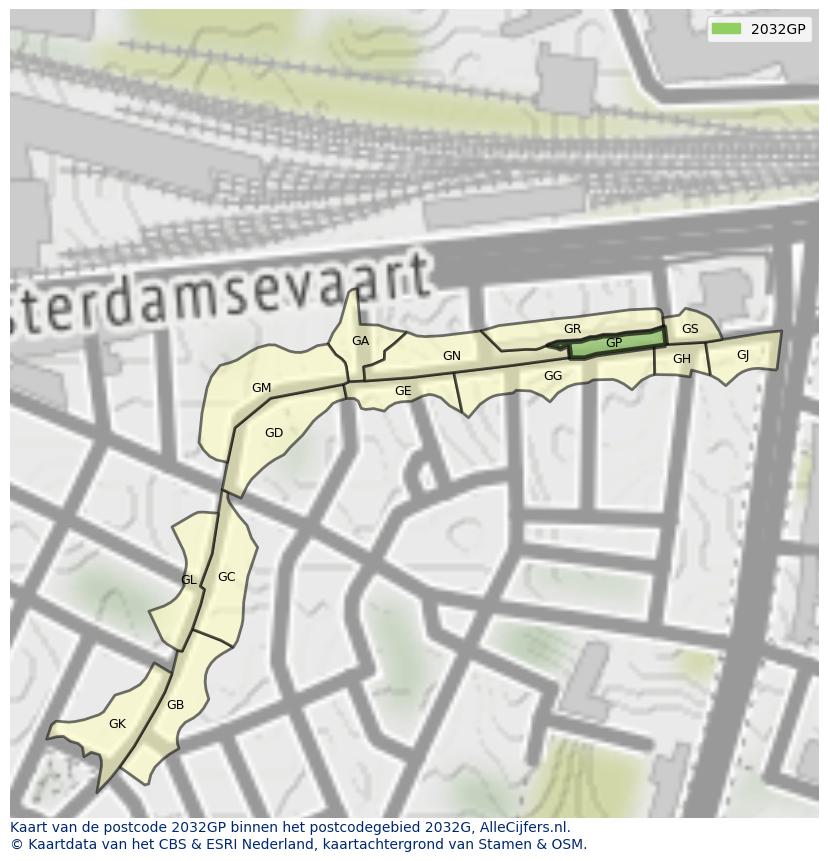 Afbeelding van het postcodegebied 2032 GP op de kaart.