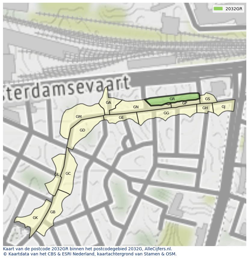 Afbeelding van het postcodegebied 2032 GR op de kaart.