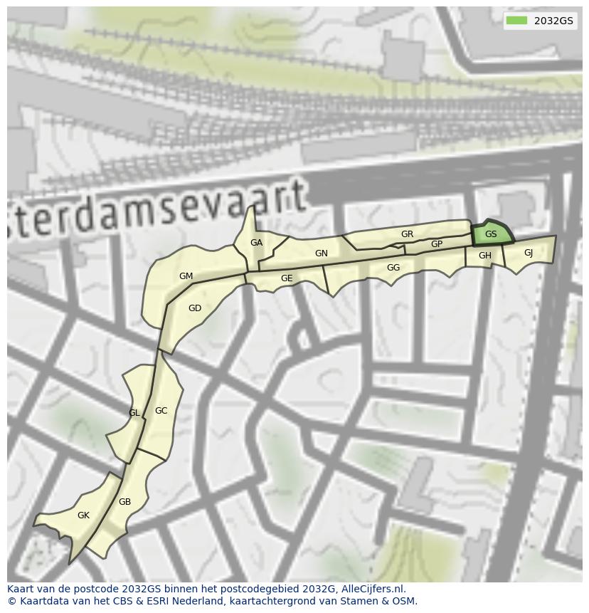 Afbeelding van het postcodegebied 2032 GS op de kaart.