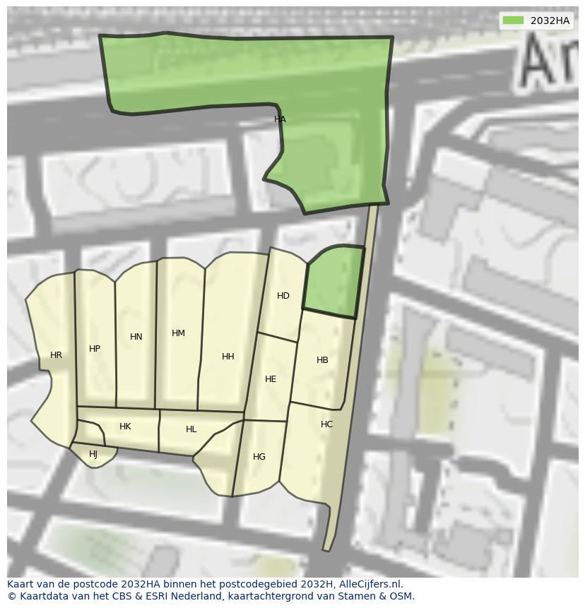 Afbeelding van het postcodegebied 2032 HA op de kaart.