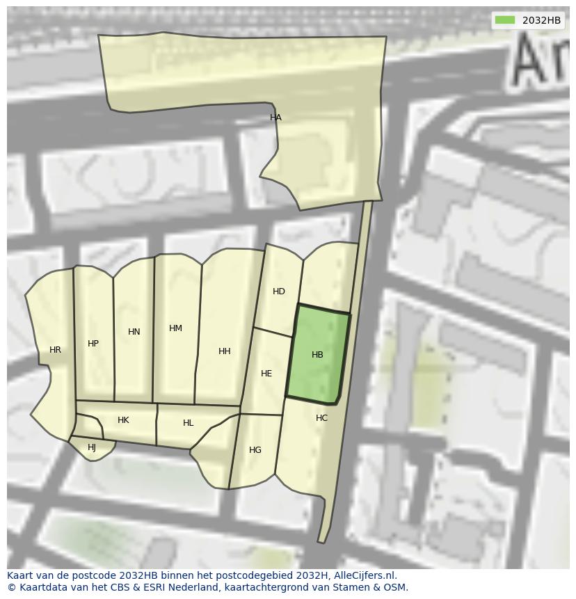 Afbeelding van het postcodegebied 2032 HB op de kaart.