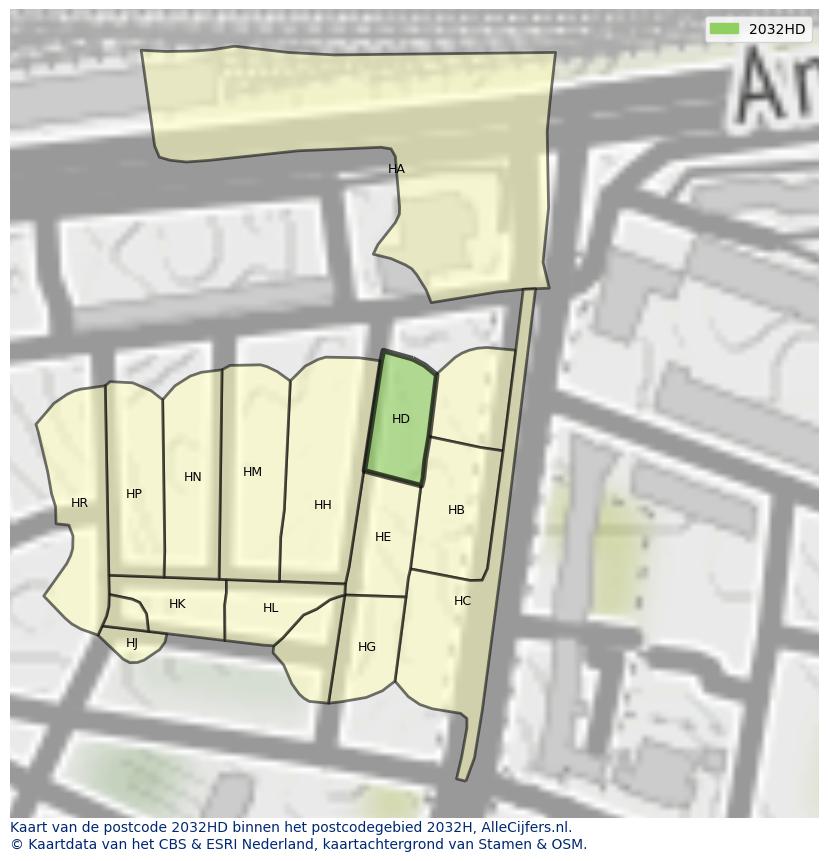 Afbeelding van het postcodegebied 2032 HD op de kaart.