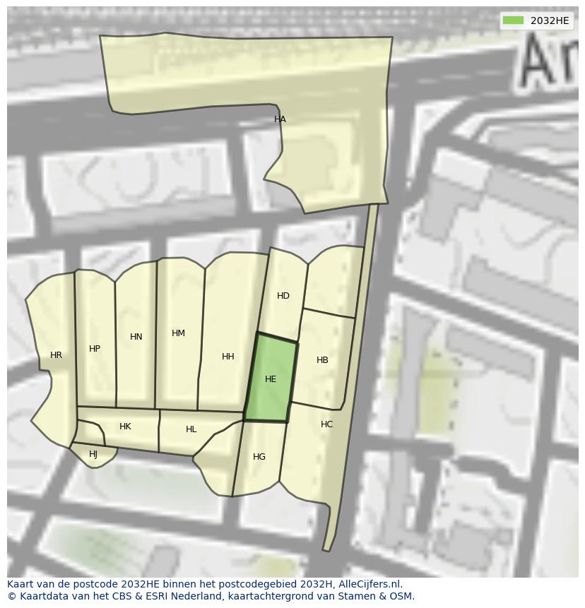 Afbeelding van het postcodegebied 2032 HE op de kaart.