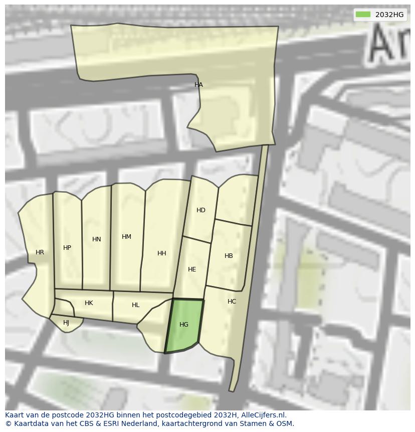 Afbeelding van het postcodegebied 2032 HG op de kaart.