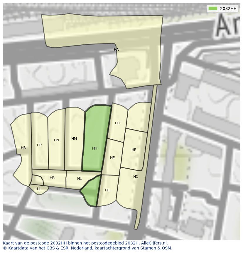Afbeelding van het postcodegebied 2032 HH op de kaart.