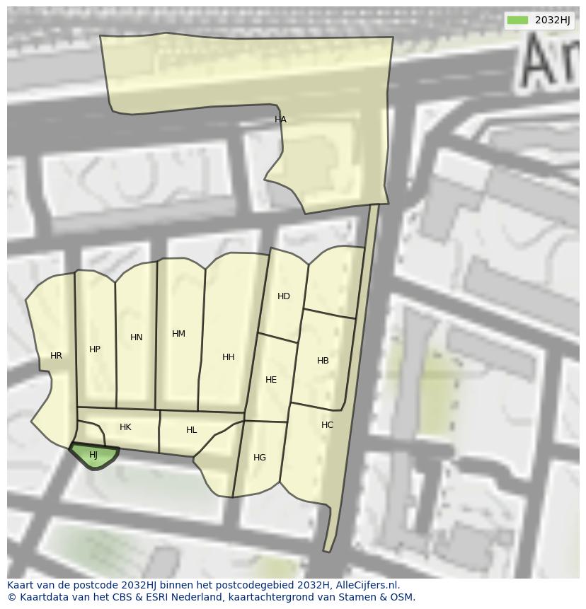Afbeelding van het postcodegebied 2032 HJ op de kaart.
