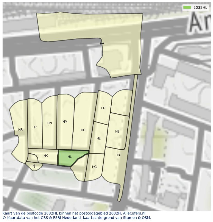Afbeelding van het postcodegebied 2032 HL op de kaart.