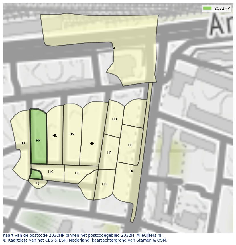Afbeelding van het postcodegebied 2032 HP op de kaart.