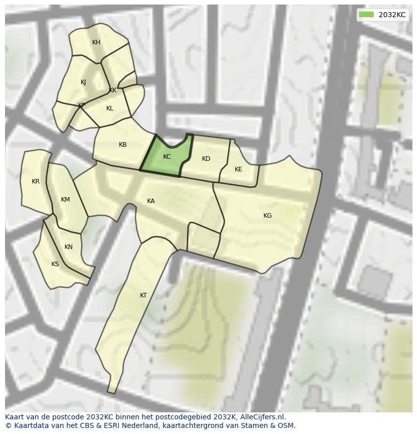 Afbeelding van het postcodegebied 2032 KC op de kaart.