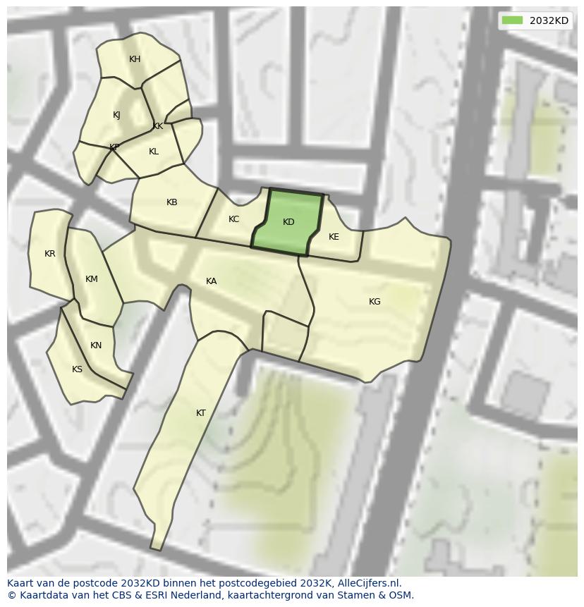 Afbeelding van het postcodegebied 2032 KD op de kaart.