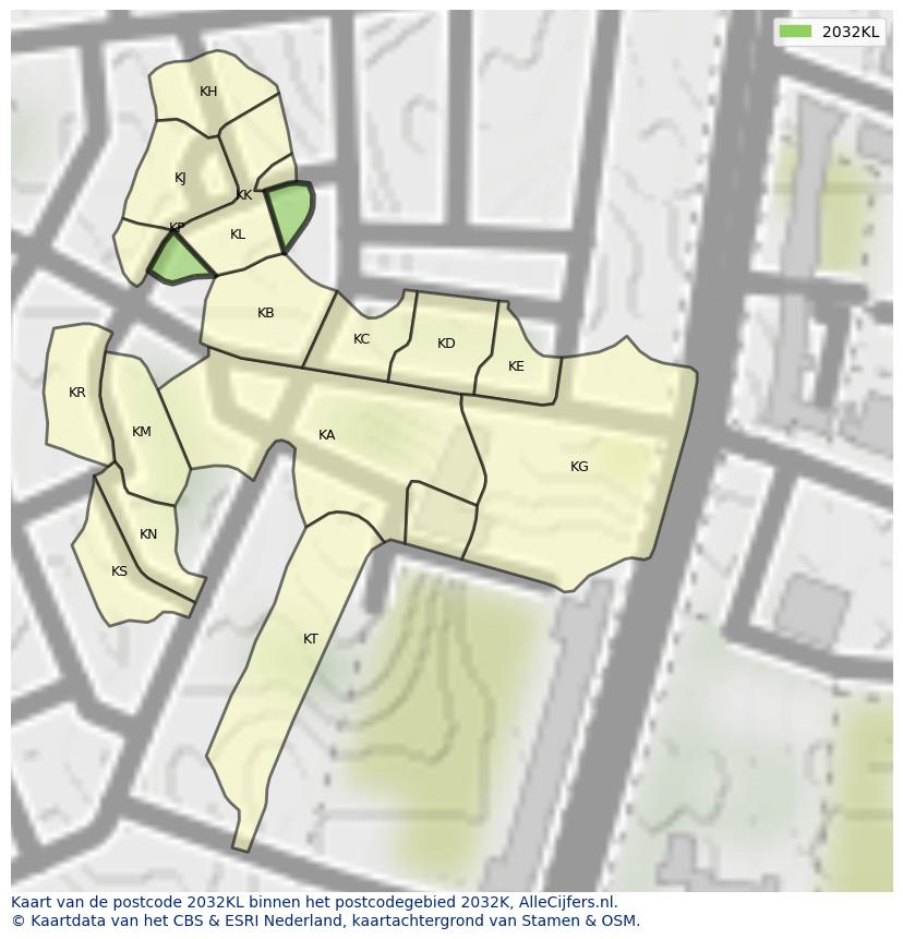 Afbeelding van het postcodegebied 2032 KL op de kaart.