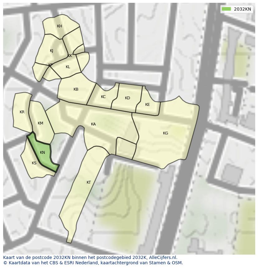 Afbeelding van het postcodegebied 2032 KN op de kaart.