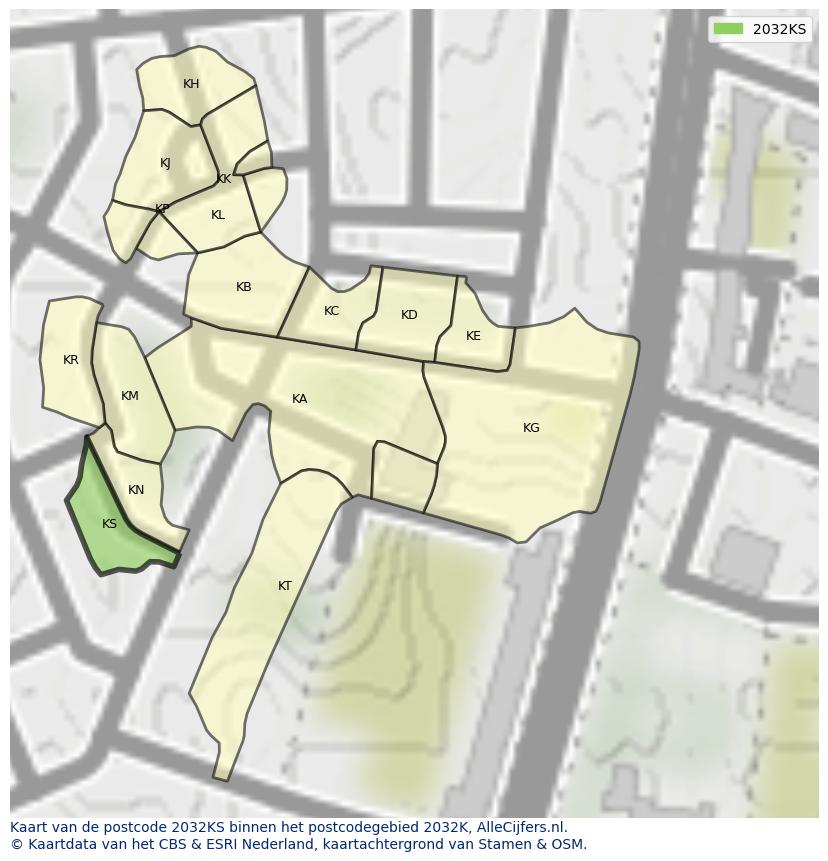 Afbeelding van het postcodegebied 2032 KS op de kaart.