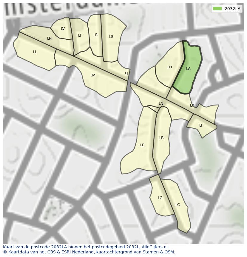 Afbeelding van het postcodegebied 2032 LA op de kaart.