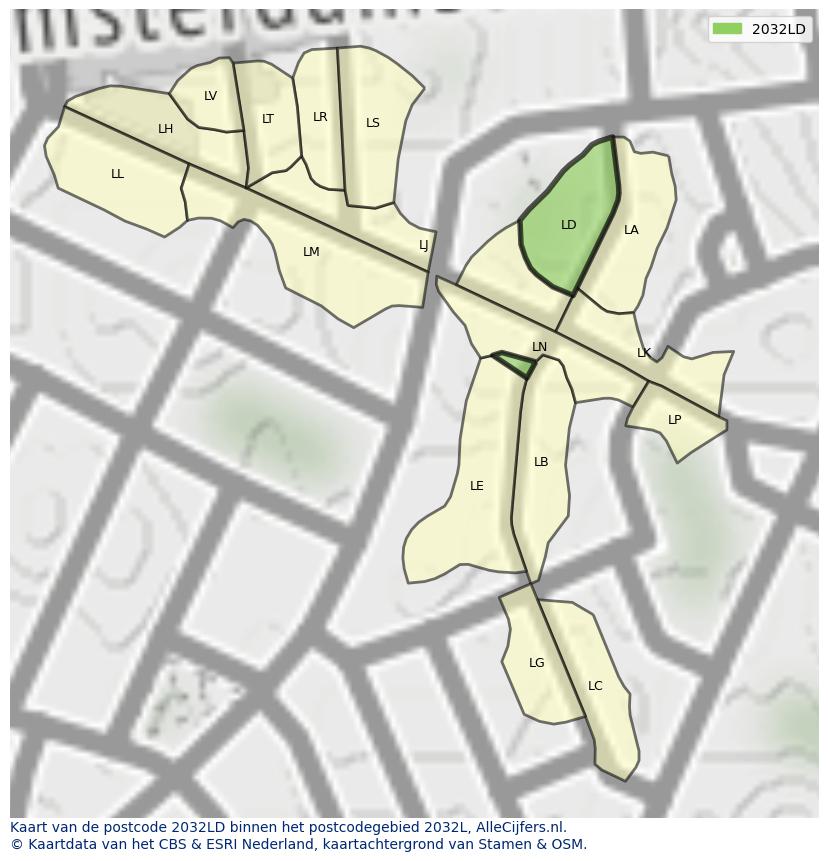 Afbeelding van het postcodegebied 2032 LD op de kaart.
