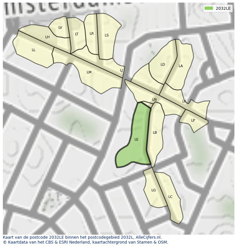 Afbeelding van het postcodegebied 2032 LE op de kaart.