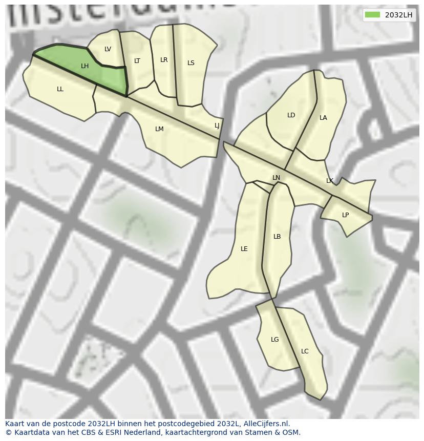 Afbeelding van het postcodegebied 2032 LH op de kaart.