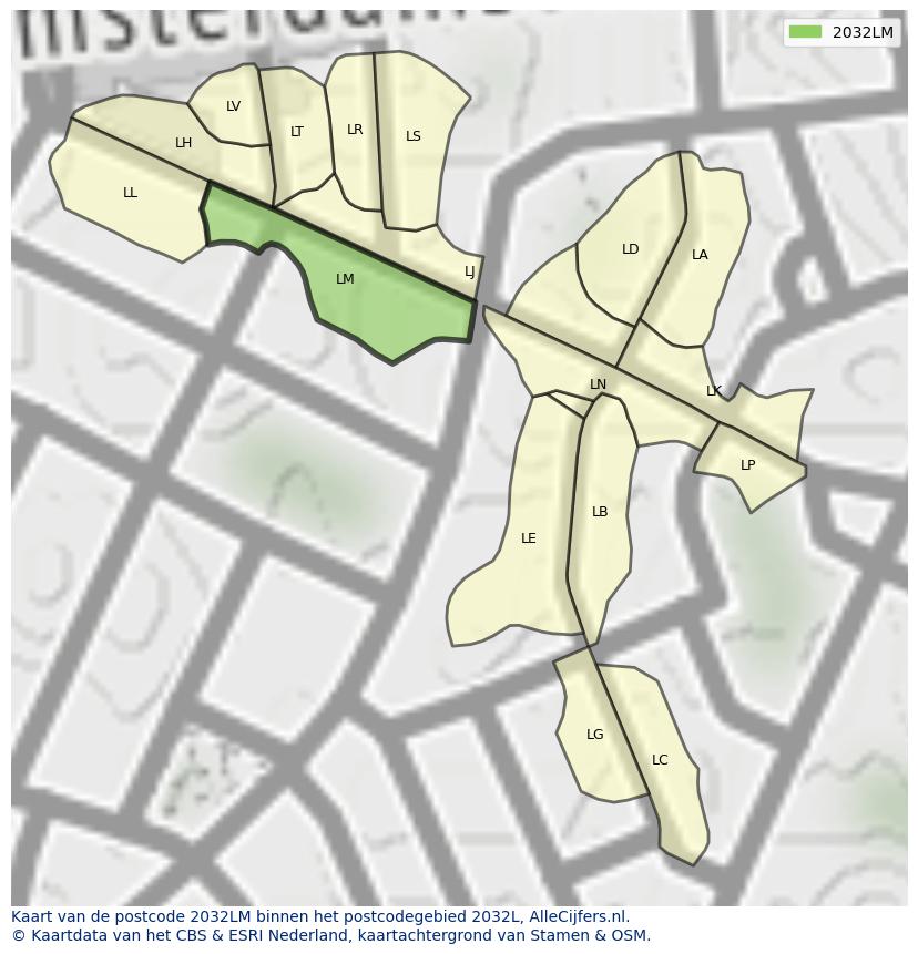 Afbeelding van het postcodegebied 2032 LM op de kaart.