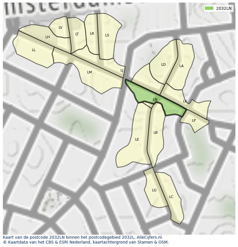 Afbeelding van het postcodegebied 2032 LN op de kaart.
