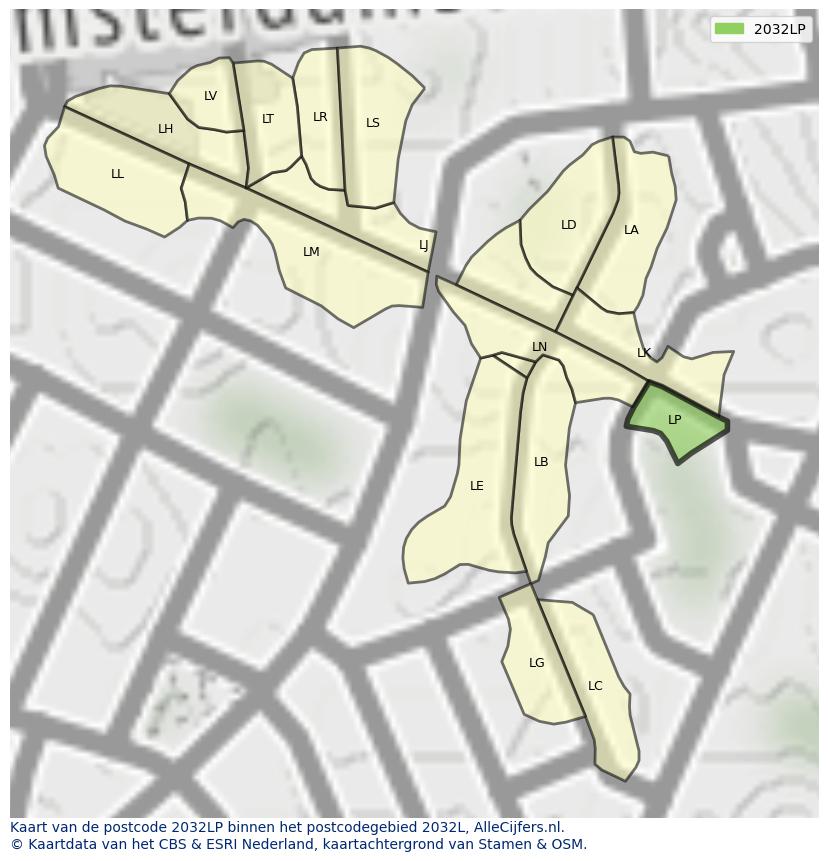 Afbeelding van het postcodegebied 2032 LP op de kaart.
