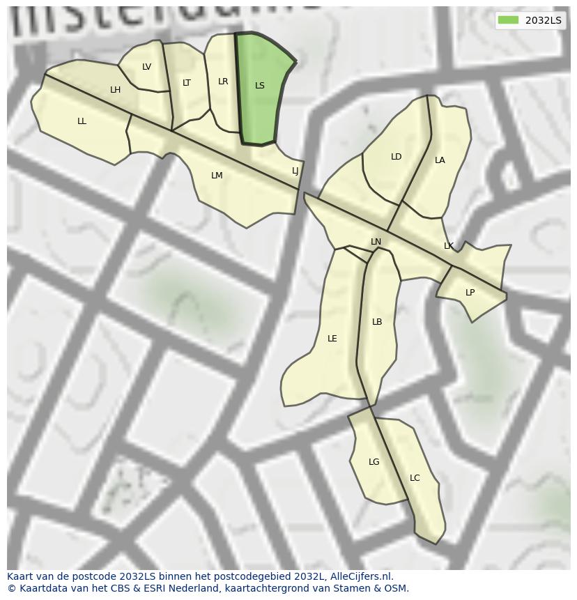 Afbeelding van het postcodegebied 2032 LS op de kaart.